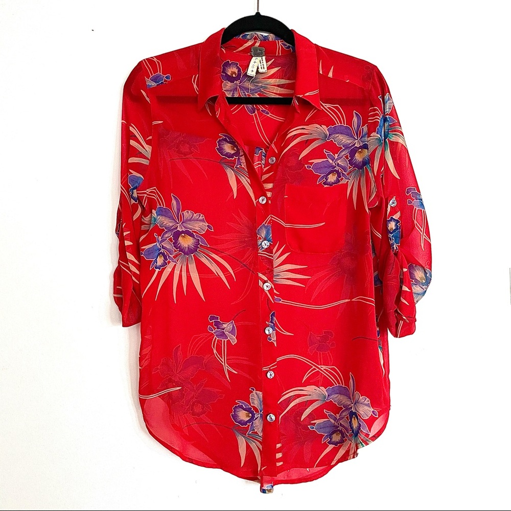 Free People Red Sheer Button Down Tropical Hawaiian Blouse/Tunic/Coverup